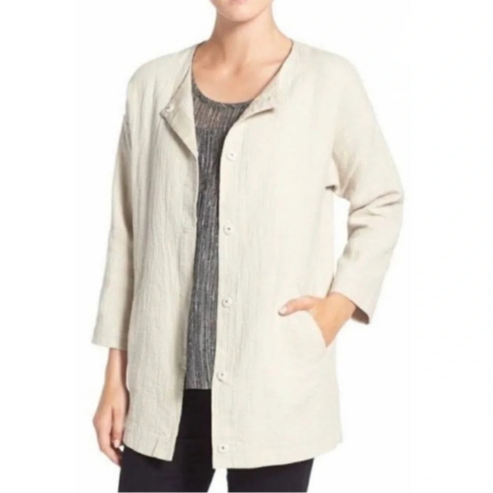 Eileen Fisher Beige Organic Linen Button Front Minimalist Long Jacket Medium